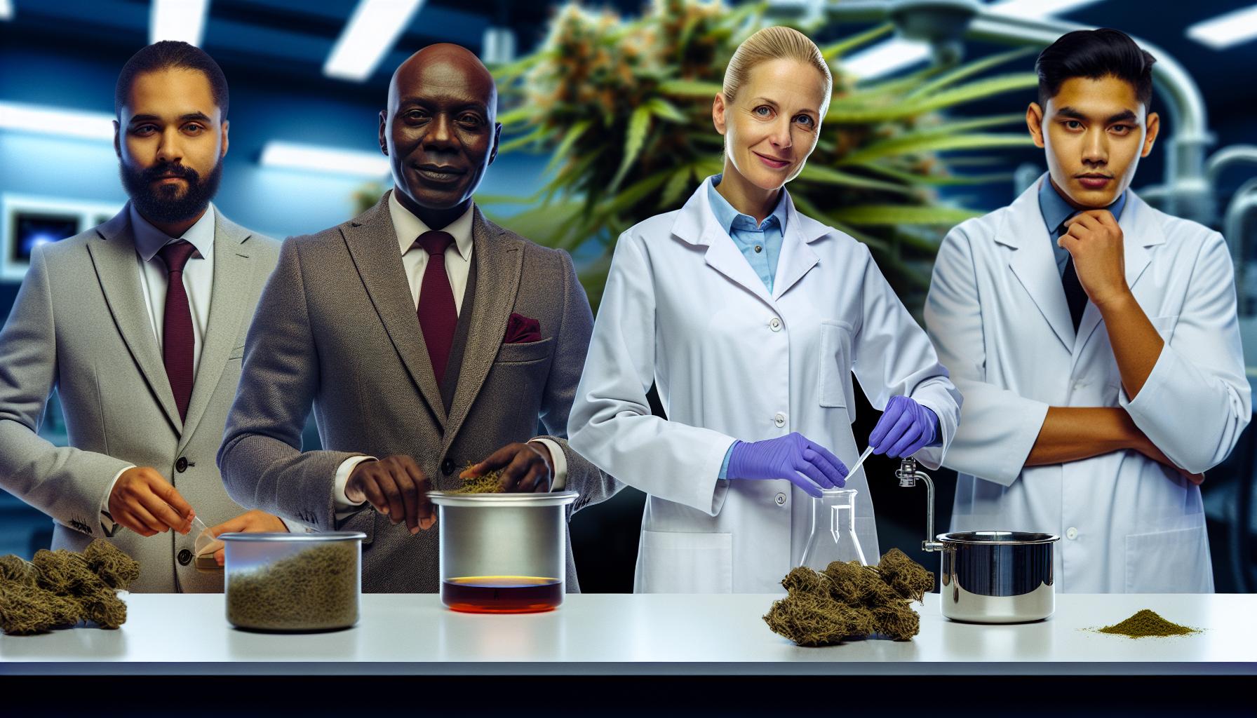 Making a hemp extracted product by hand, 3 people included in the picture, each a different nationality and they are in a laboratory setting however D