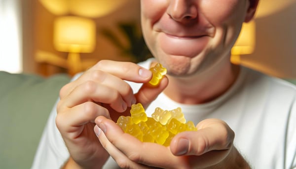 someone eating a handful of yellow gummy bears which are infused with CBD